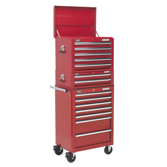 14 Drawer Topchest, Mid-Box Tool Chest & Rollcab Combination with Ball-Bearing Slides - Red